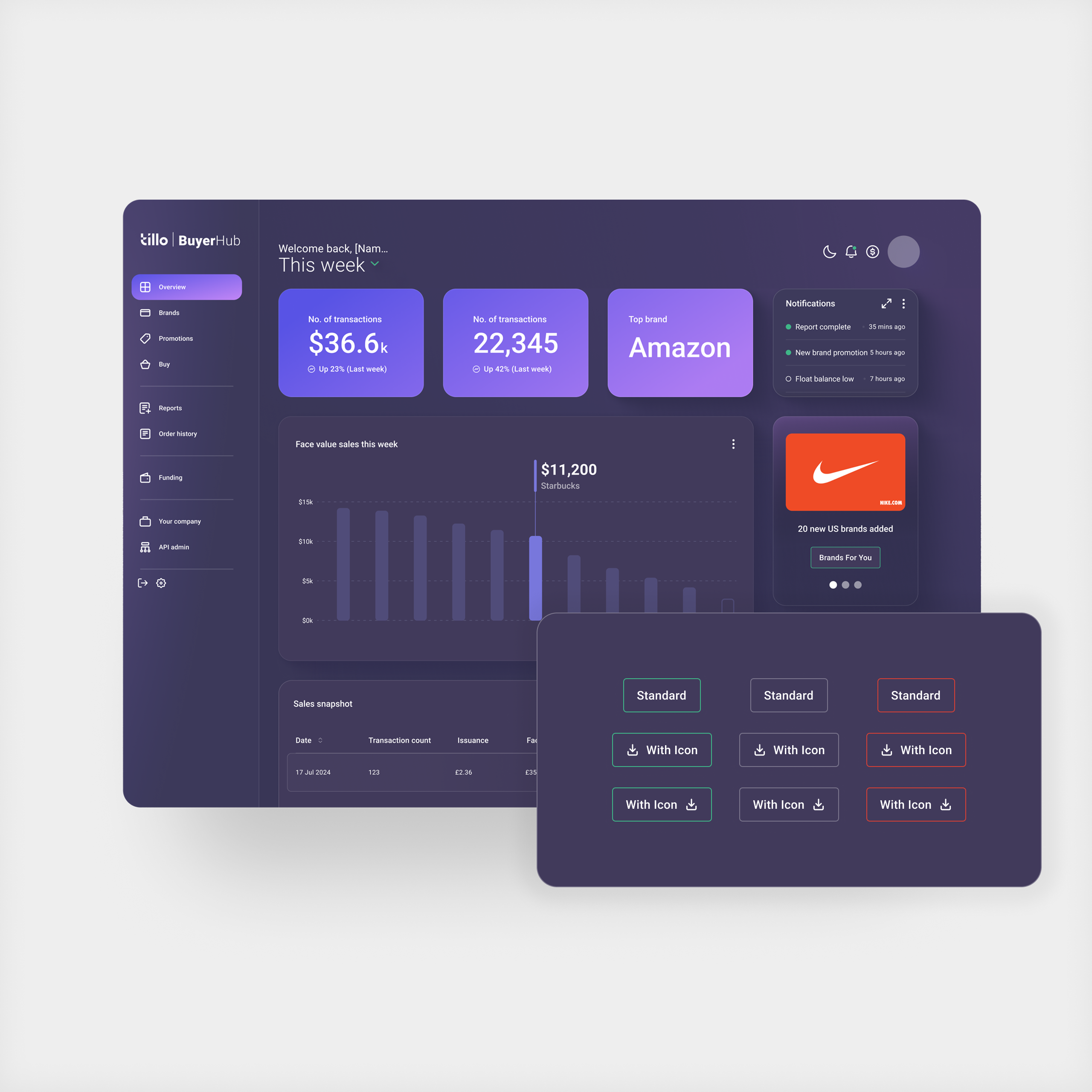 Refreshed hub dashboard showing key navigation areas and primary, secondary, and disabled button states